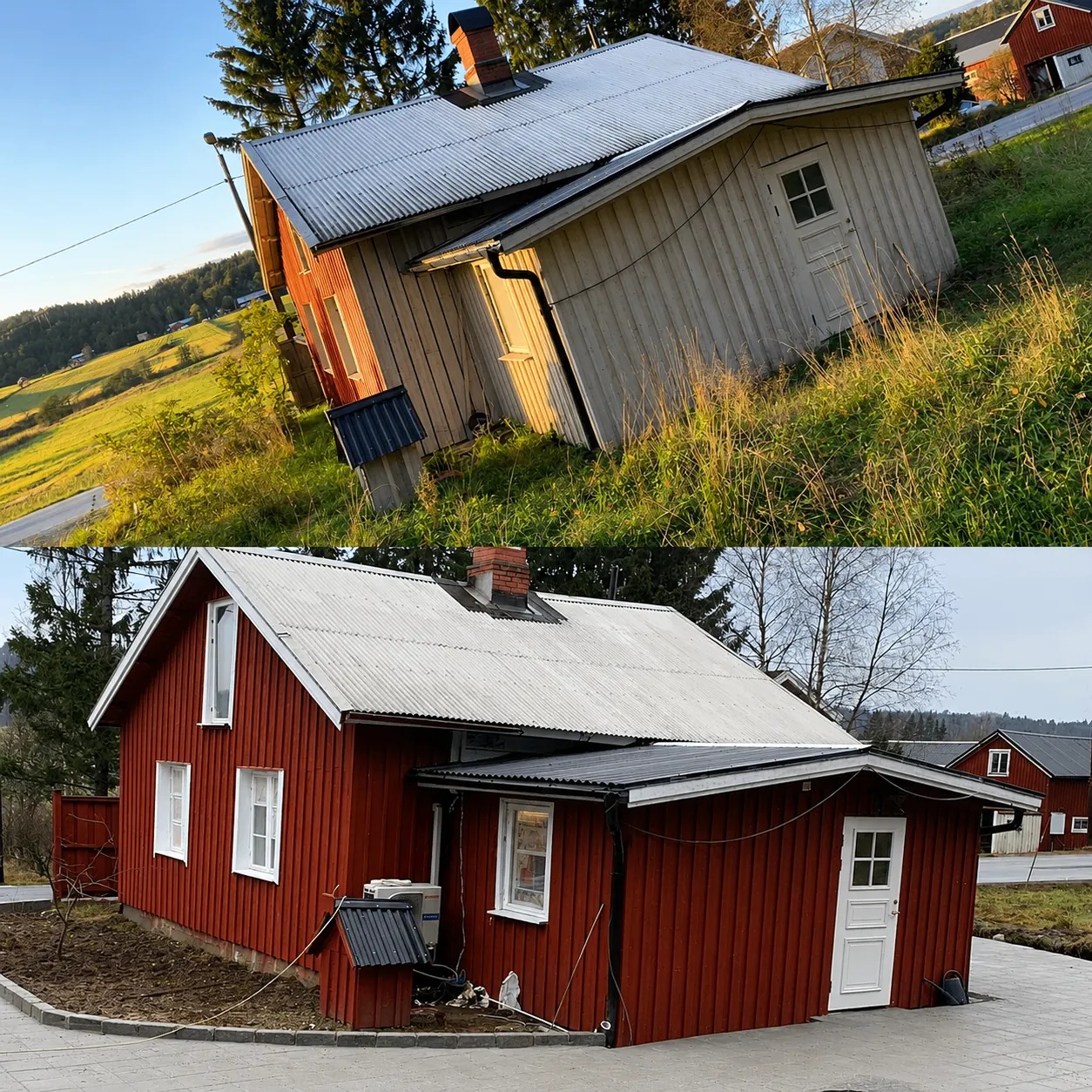 Före och efter — fasadrenovering och markarbete